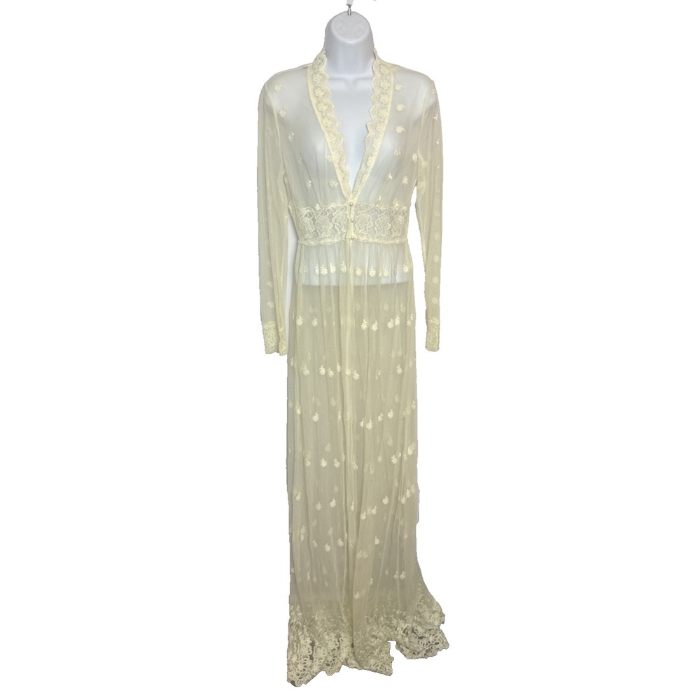 Womens Small Cream Embroidered Sheer Lace Duster Kimono Romantic Coquette